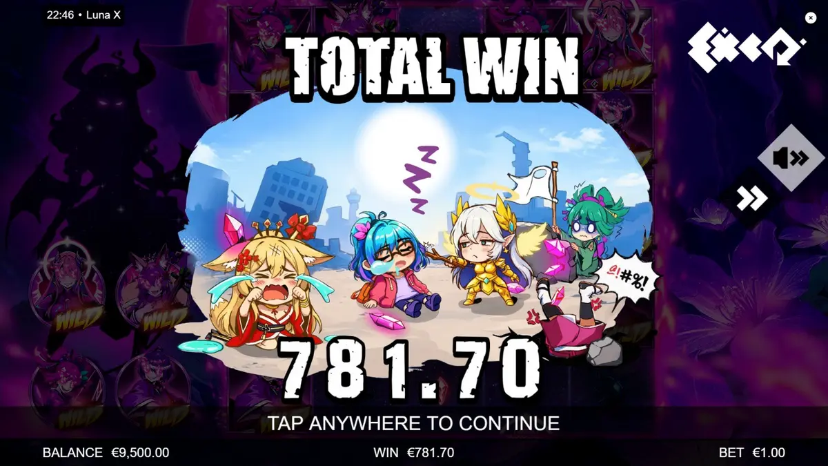 Luna X slot game interface na may neon anime theme