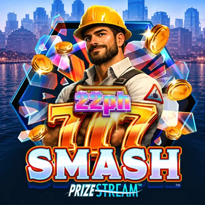 Isang wrecking ball na tumatama sa isang grid sa 777 Smash slot.